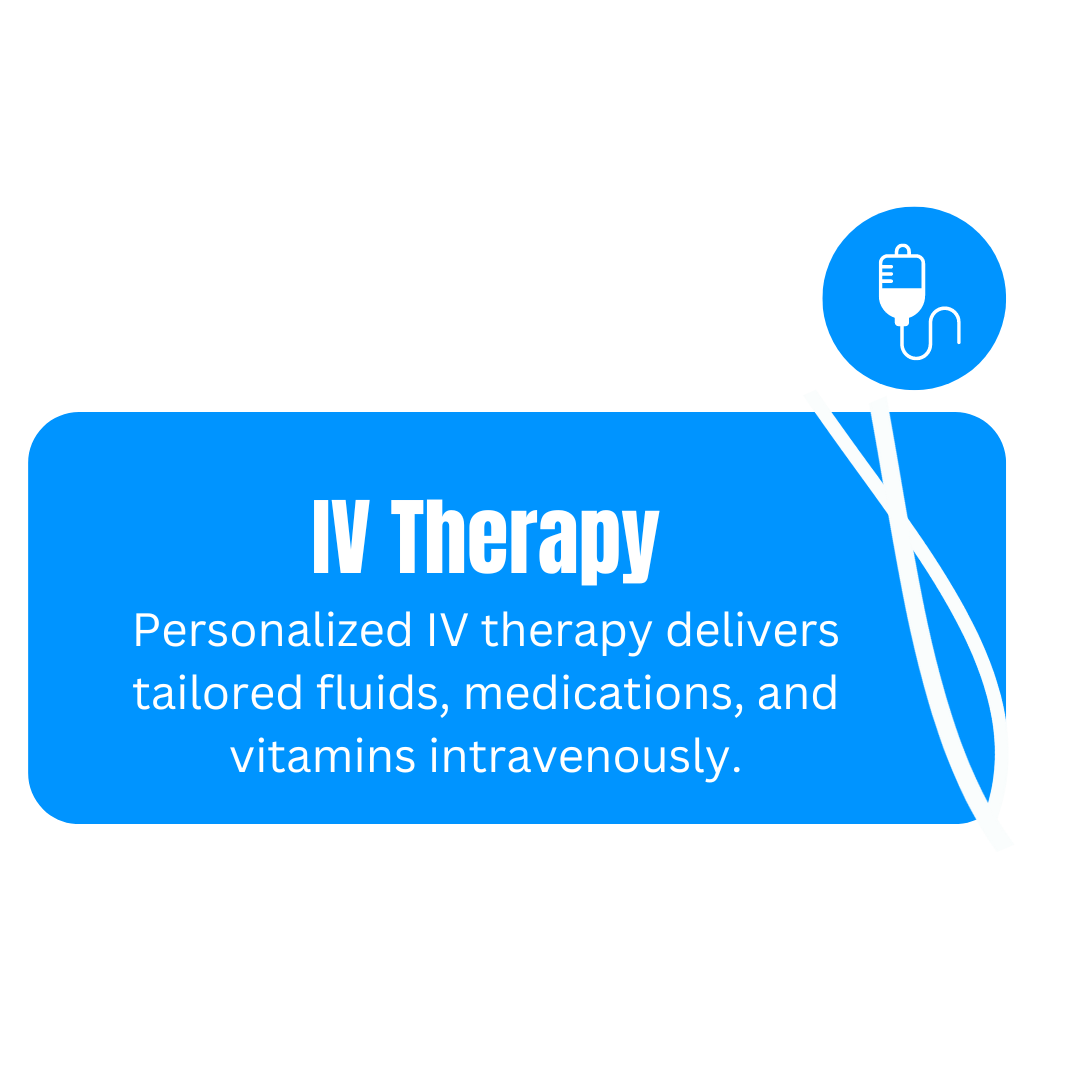 A custom button the reads IV Therapy, Personalized IV Therapy delivers tailored fluids, medications, and vitamins intravenously.